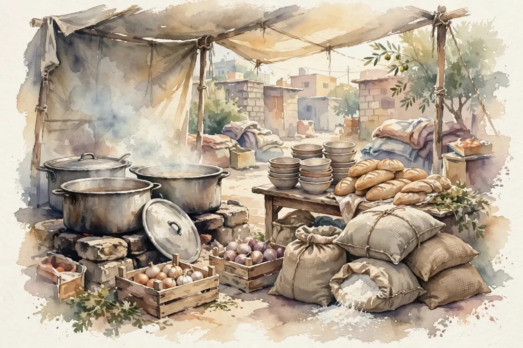 Watercolour illustration of a community kitchen in Gaza with cooking pots, bowls, bread and sacks of flour