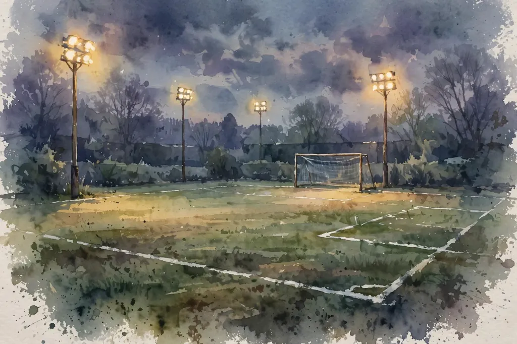 Watercolour editorial illustration of an empty youth soccer field at dusk with goalposts and floodlights