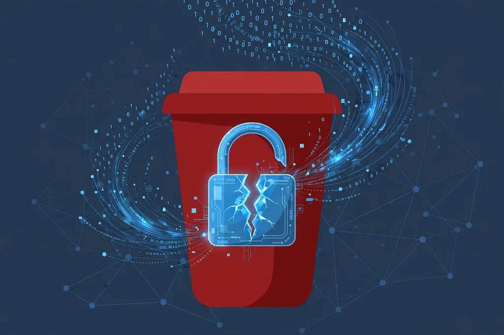 Illustration: a red coffee cup with a cracked blue padlock and streams of data code, symbolising a data breach at a coffee chain.