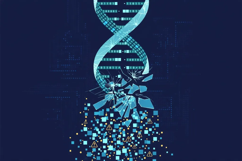 Abstract illustration of a cracked DNA helix dissolving into pixels and warning symbols over a dark navy background