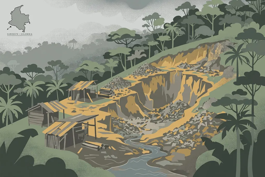 Editorial illustration of an illegal gold-mining pit cut into a remote rainforest hillside in southwestern Colombia, with makeshift wooden structures