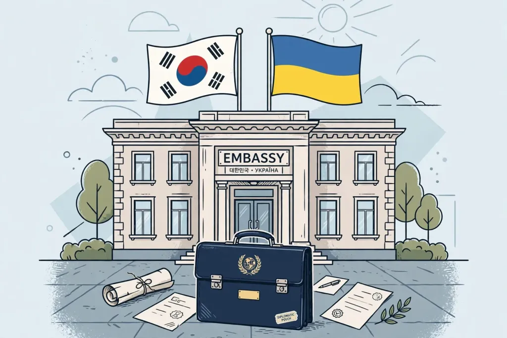 AI-generated editorial illustration of the South Korean and Ukrainian flags beneath a darkened sky over a city silhouette.