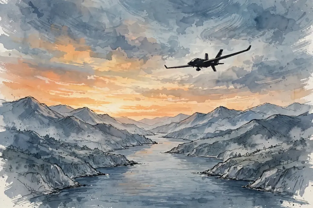 Editorial illustration of a surveillance drone over the Strait of Hormuz at dawn.