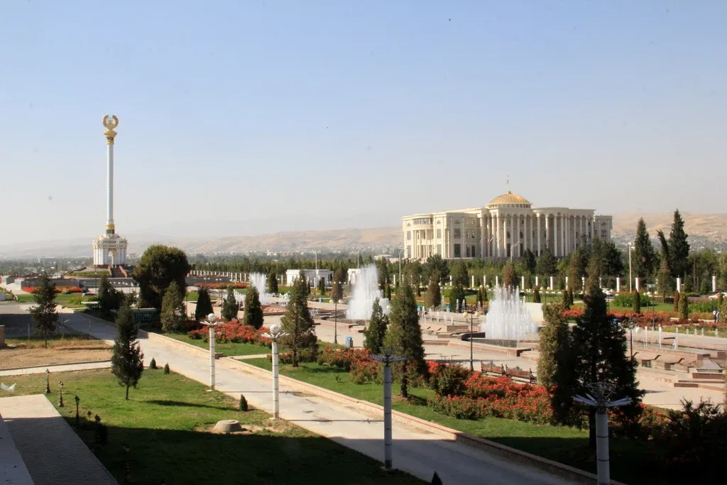 The Palace of Nations and Great Seal Monument in Dushanbe, Tajikistan, the city hosting the SCO heads-of-government meeting.