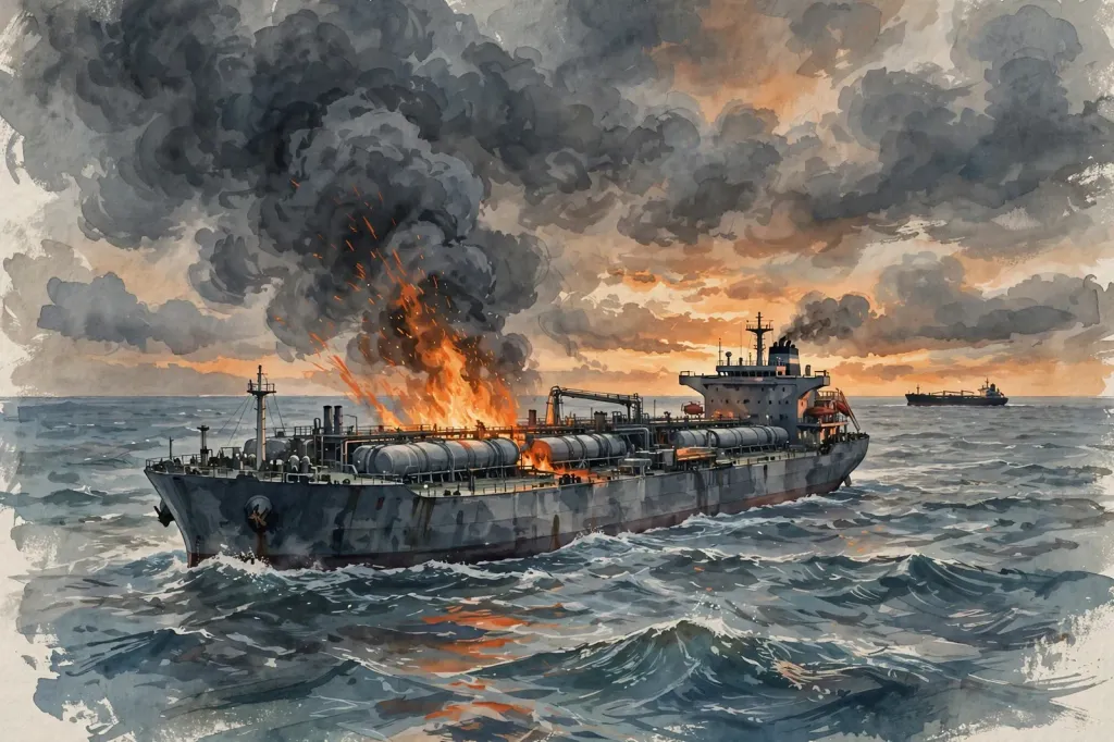 Editorial illustration of an oil tanker ablaze at sea at dusk, with a second tanker on the horizon.