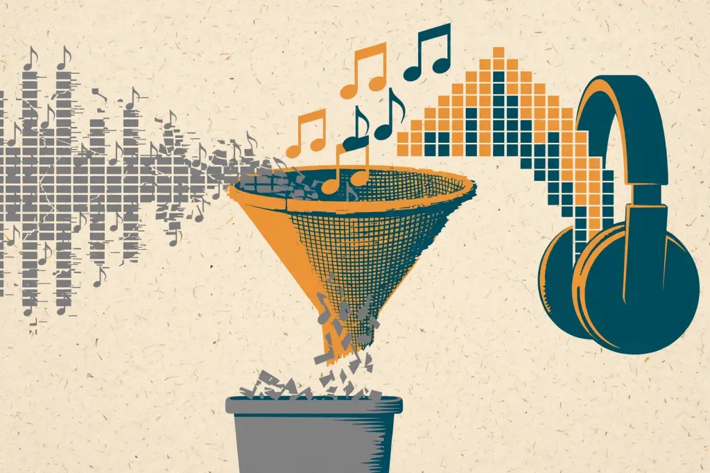 Editorial illustration: glitchy grey music notes filtered through a funnel while clean notes rise to a headphone.