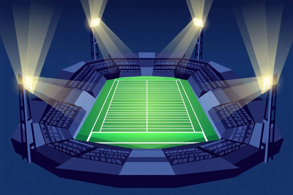 Editorial illustration of an American football stadium under lights