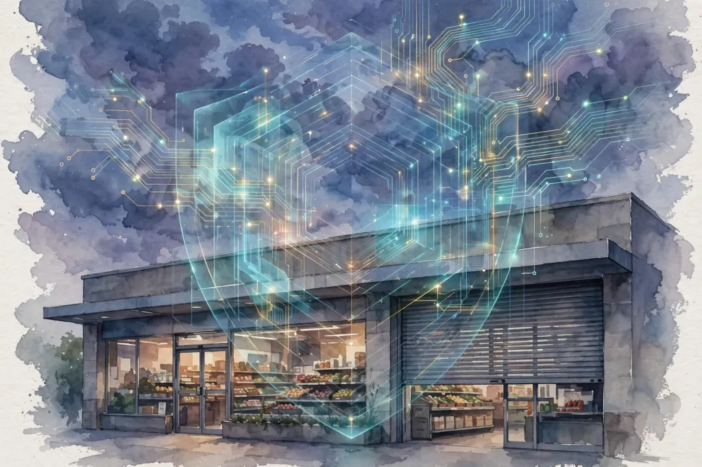 Watercolour editorial illustration of a generic supermarket storefront with a glowing digital warning shield and circuit traces, representing the Ahold Delhaize cyberattack