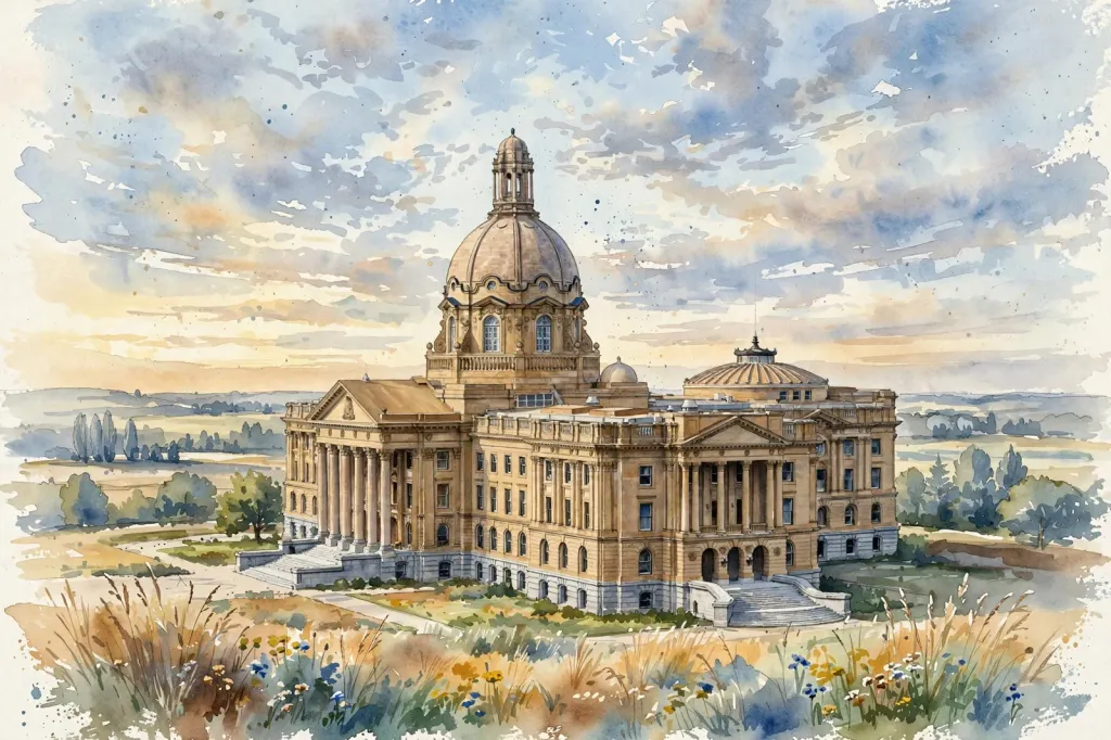 Watercolour editorial illustration of the Alberta Legislature Building dome under a wide prairie sky, no people. (Illustration: Flip News)