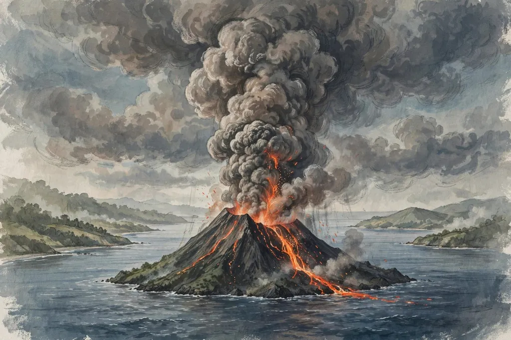 AI-generated editorial illustration of Anak Krakatau erupting, a towering ash plume rising over the Sunda Strait