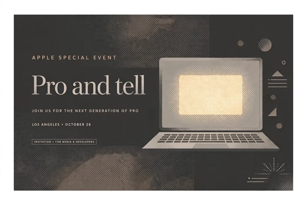 Editorial illustration of a stylised invitation card for Apple’s “Pro and tell” event in Los Angeles, with a laptop silhouette