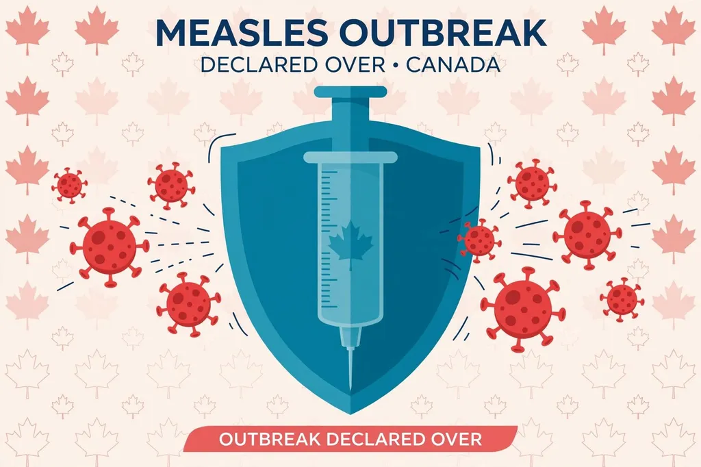 Editorial illustration: a syringe shield blocking stylised measles virus particles over a maple-leaf background, marking the end of Canada's outbreak.