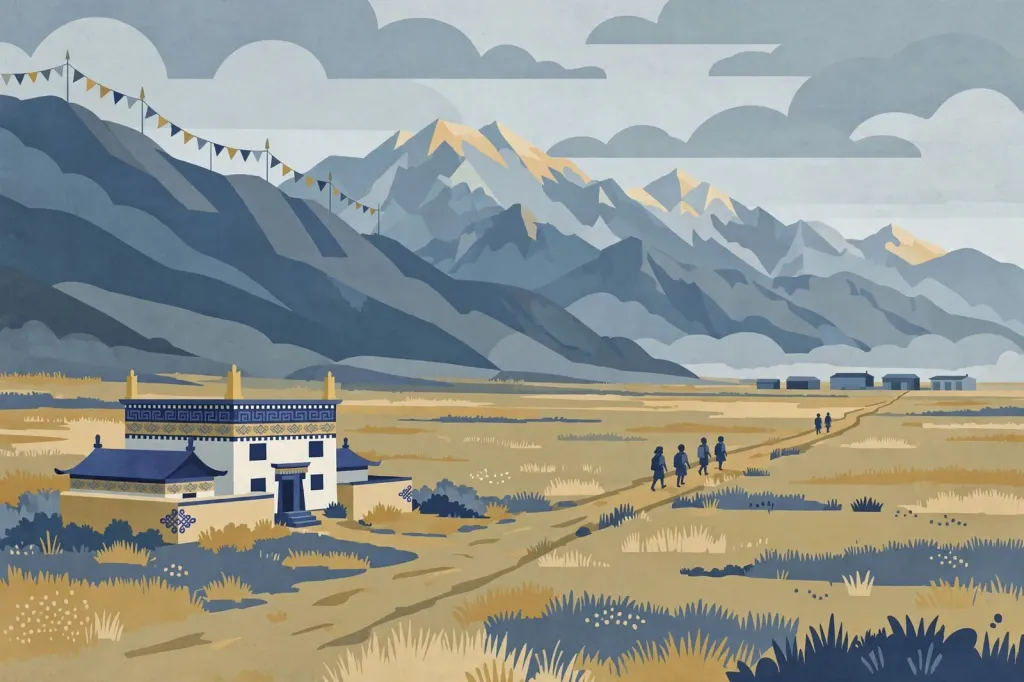 Flat editorial illustration of a Tibetan school building in the Golog grasslands, prayer flags on a ridge, and children walking toward distant buildings