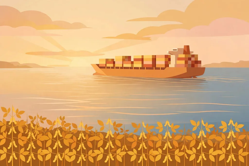 Editorial illustration of a container ship at sea with golden soybean plants in the foreground