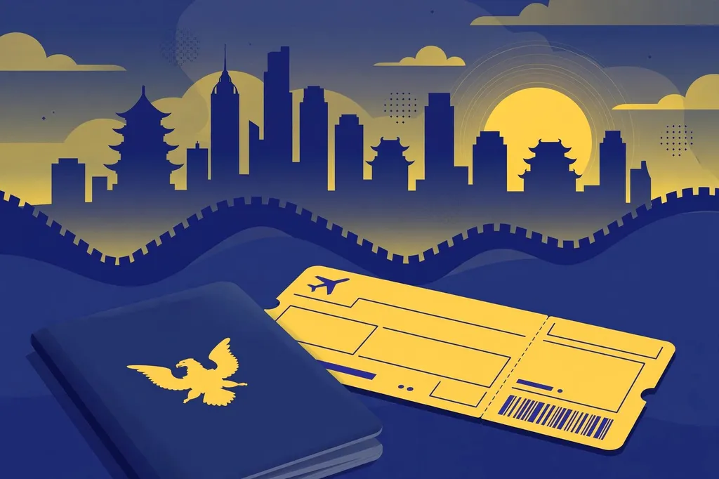 Editorial illustration of a US passport and boarding pass against an abstract Chinese skyline at dusk