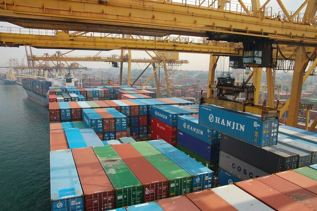 Container ship and gantry cranes at the Port of Colombo, Sri Lanka