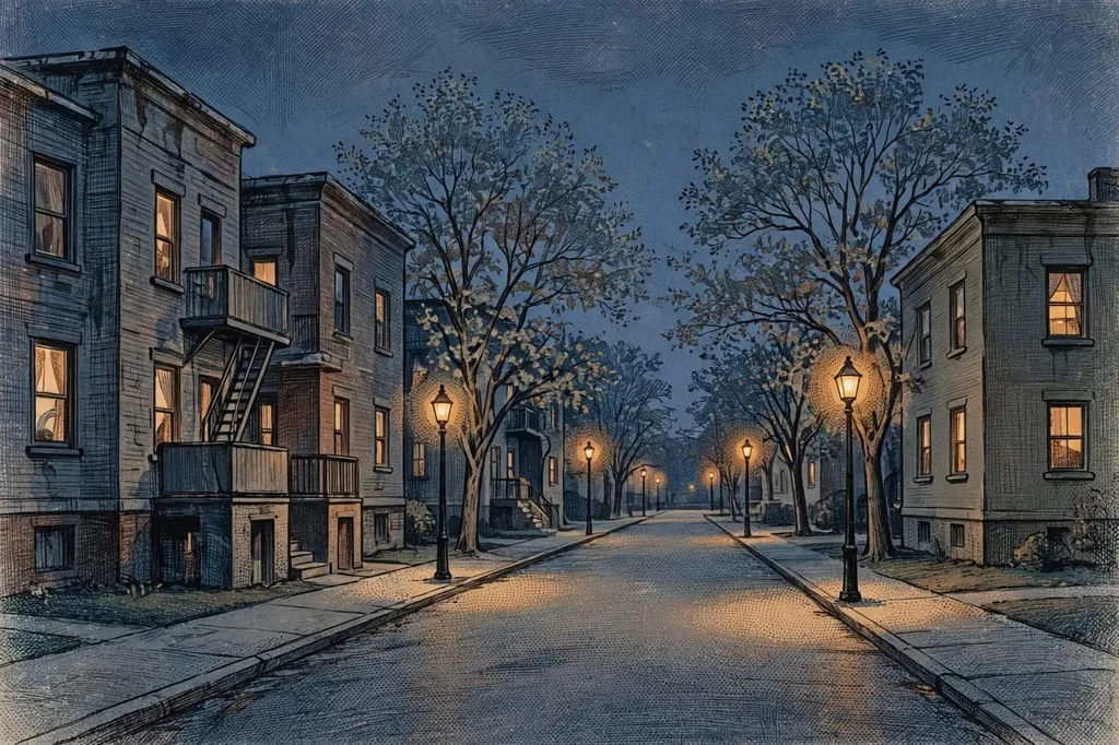 Editorial illustration of a quiet US residential street at dusk with apartment buildings and glowing streetlights