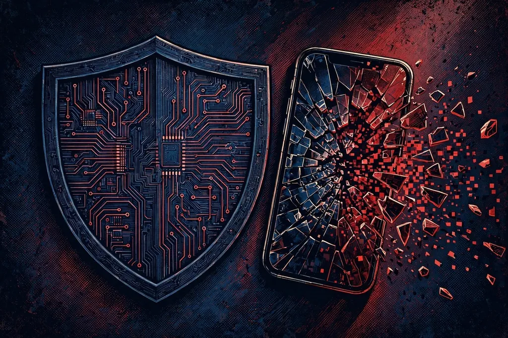 AI editorial illustration of a circuit-board shield beside a shattering smartphone, representing the US government ban on DeepSeek