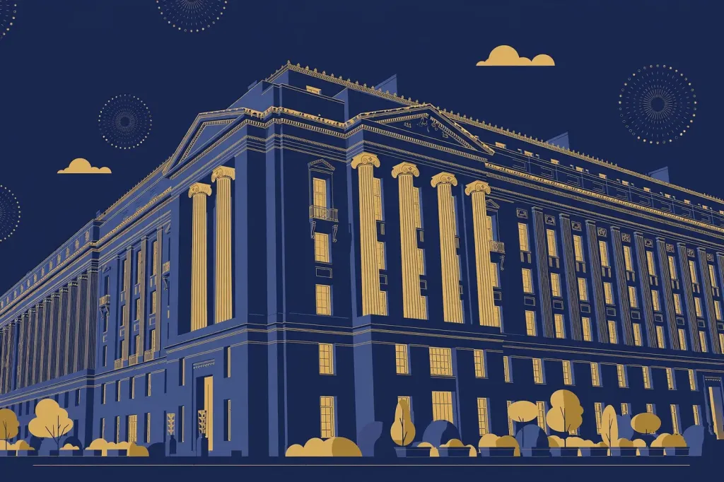 Editorial illustration of the US Department of Justice headquarters building in Washington, D.C.
