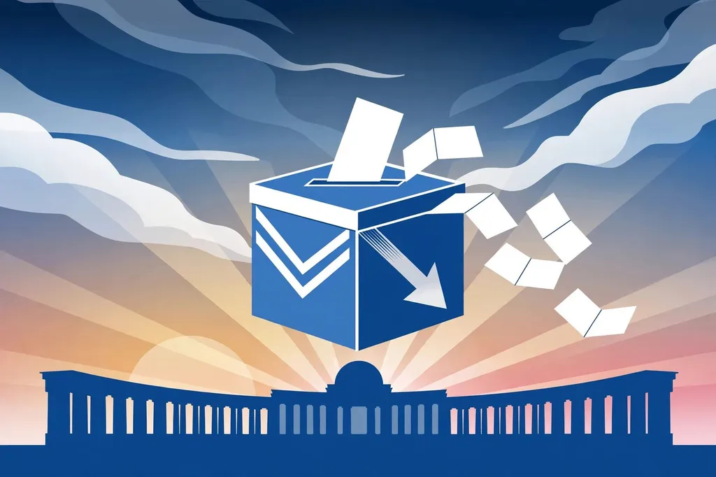 Editorial illustration of a blue ballot box with ballots above a parliament silhouette against a dawn sky