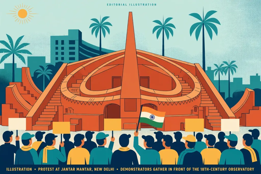 Editorial illustration of the red-sandstone Jantar Mantar observatory in New Delhi with stylised protesters holding placards and an Indian flag
