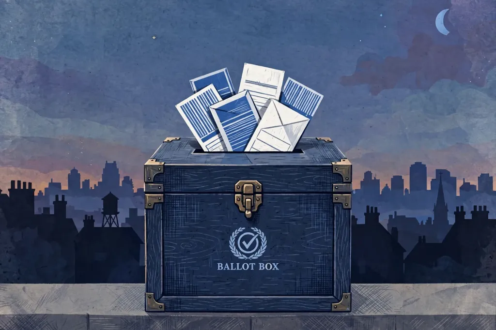 Illustration of a ballot box and voting slips in blue and white at dusk, symbolising an upcoming election