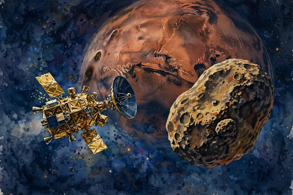 Editorial illustration of the Japanese MMX spacecraft approaching the cratered moon Phobos, with Mars looming in the background