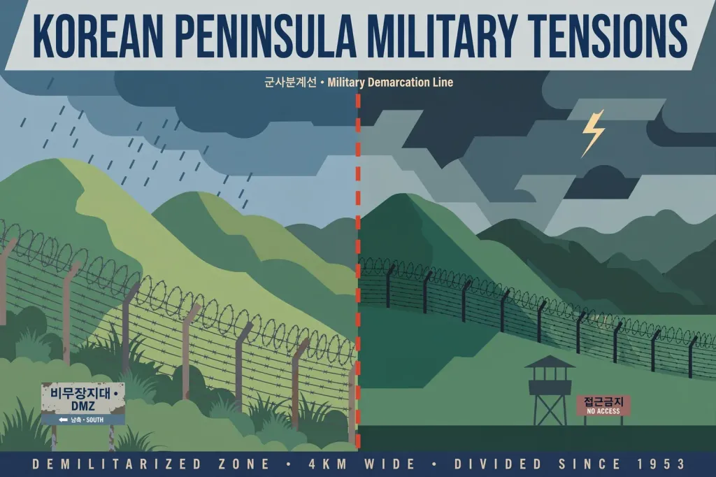 Stylised editorial illustration of the Korean Demilitarized Zone border fence split by a dashed demarcation line under storm clouds