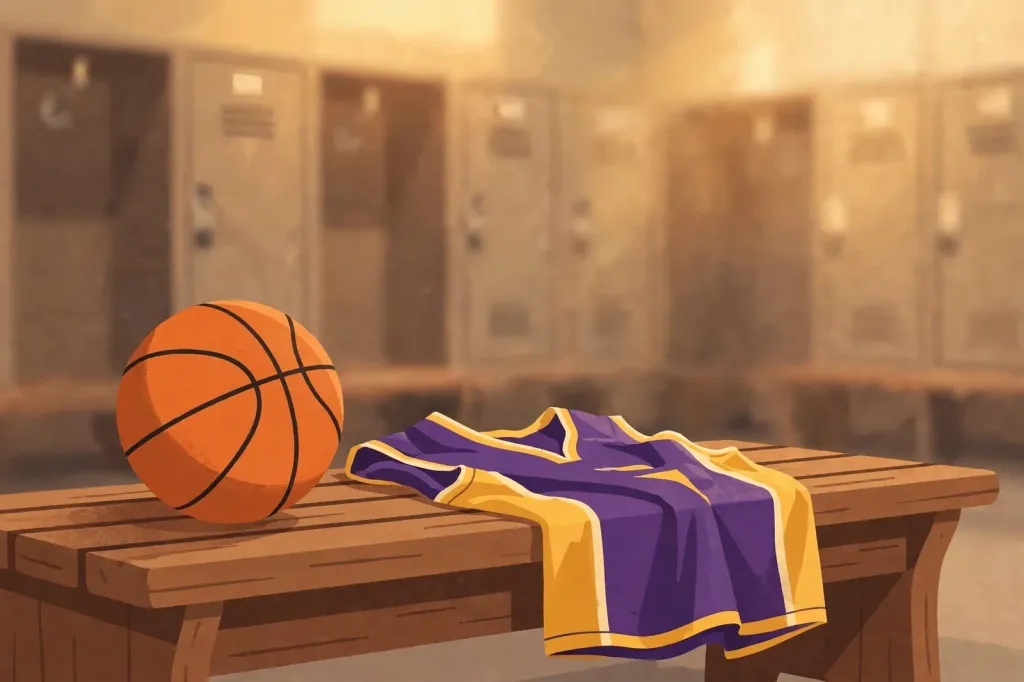 Editorial illustration of a basketball beside a Los Angeles Lakers-style gold jersey on a locker-room bench, no people. (Illustration: Flip News)