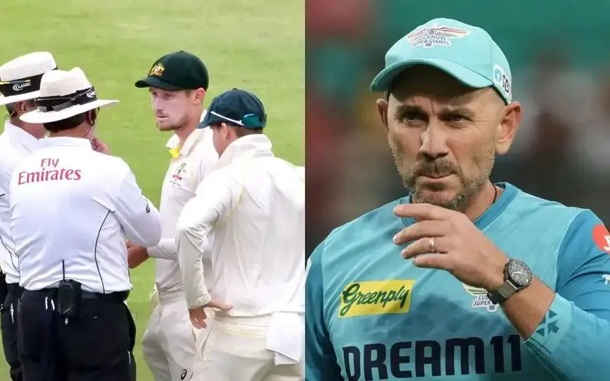 Justin Langer in a Lucknow Super Giants cap beside a still from the 2018 Cape Town ball-tampering Test