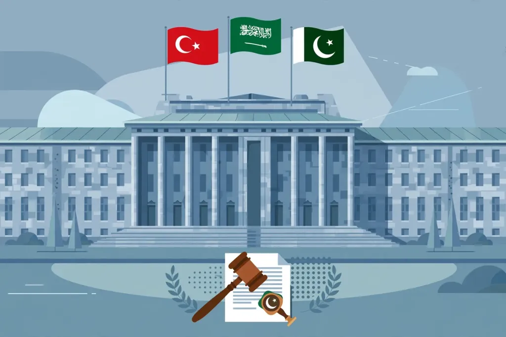 Editorial illustration of the Turkish parliament building with the flags of Turkey, Saudi Arabia and Pakistan flying above it, with a gavel and official document motif
