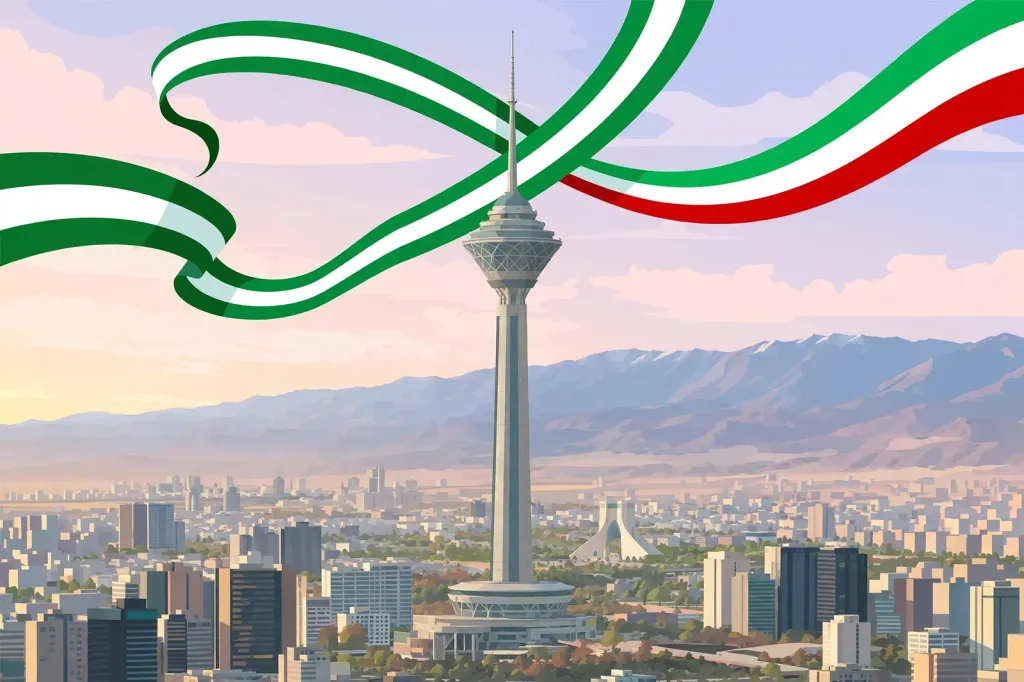 Editorial illustration of the Tehran skyline at dawn with Milad Tower and flowing ribbons in Pakistan and Iran flag colours symbolising diplomatic talks