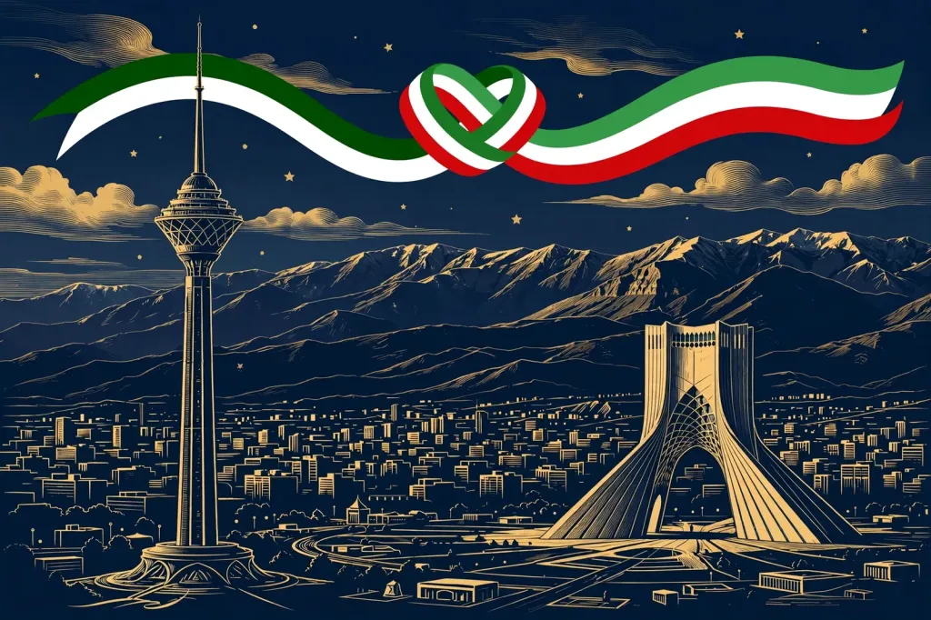Editorial illustration of the Tehran skyline at dusk with Milad Tower and Azadi Tower, crossed ribbons in Pakistan and Iran flag colours symbolising diplomatic talks