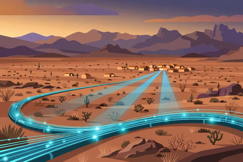 AI editorial illustration of a rural desert town beneath a fibre-optic cable glowing like a ribbon, symbolising a pulled-back broadband funding programme