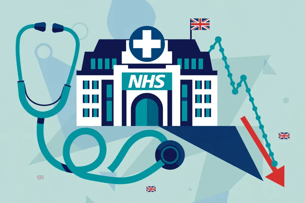 Stylised editorial illustration of an NHS hospital with a stethoscope and a falling trend arrow