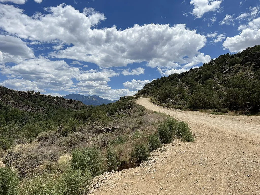 A dirt road winding through juniper-covered foothills toward mountains on the horizon in rural Taos County, northern New Mexico