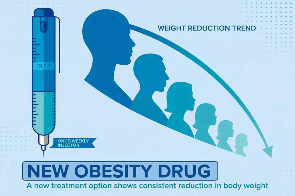 Editorial illustration of an obesity-drug injection pen beside silhouettes showing a downward weight-reduction trend