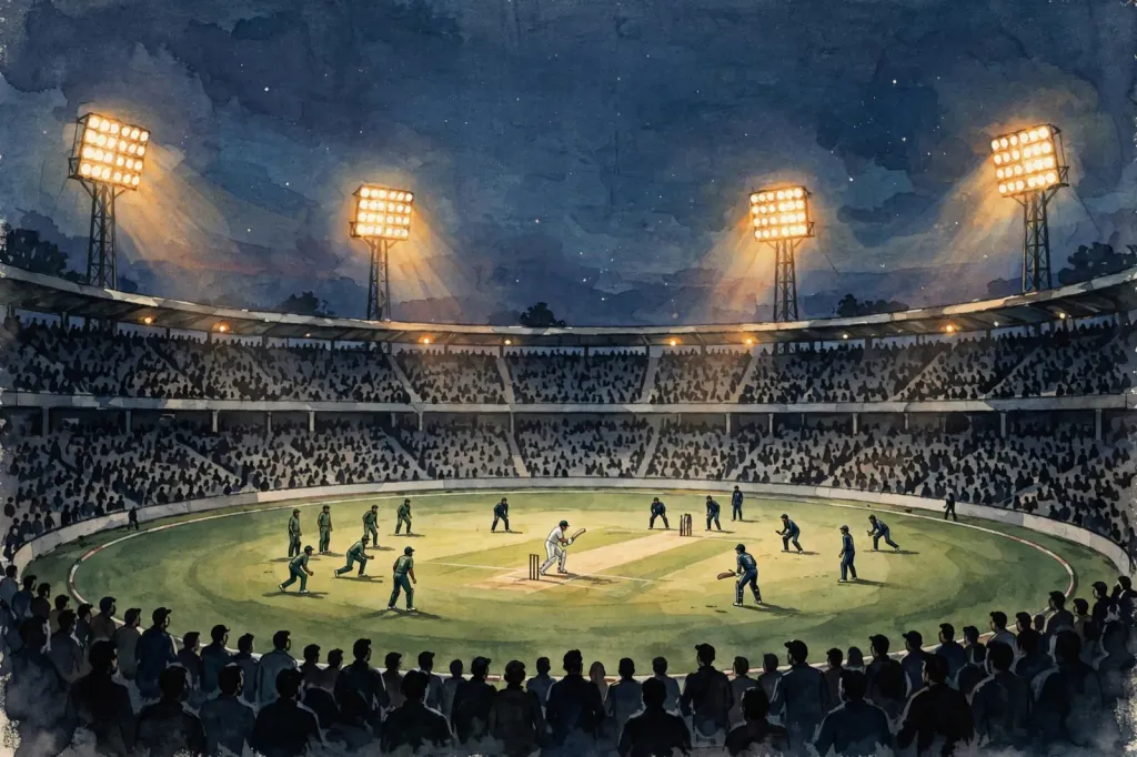 Painterly illustration of a floodlit night-time cricket match at a packed stadium