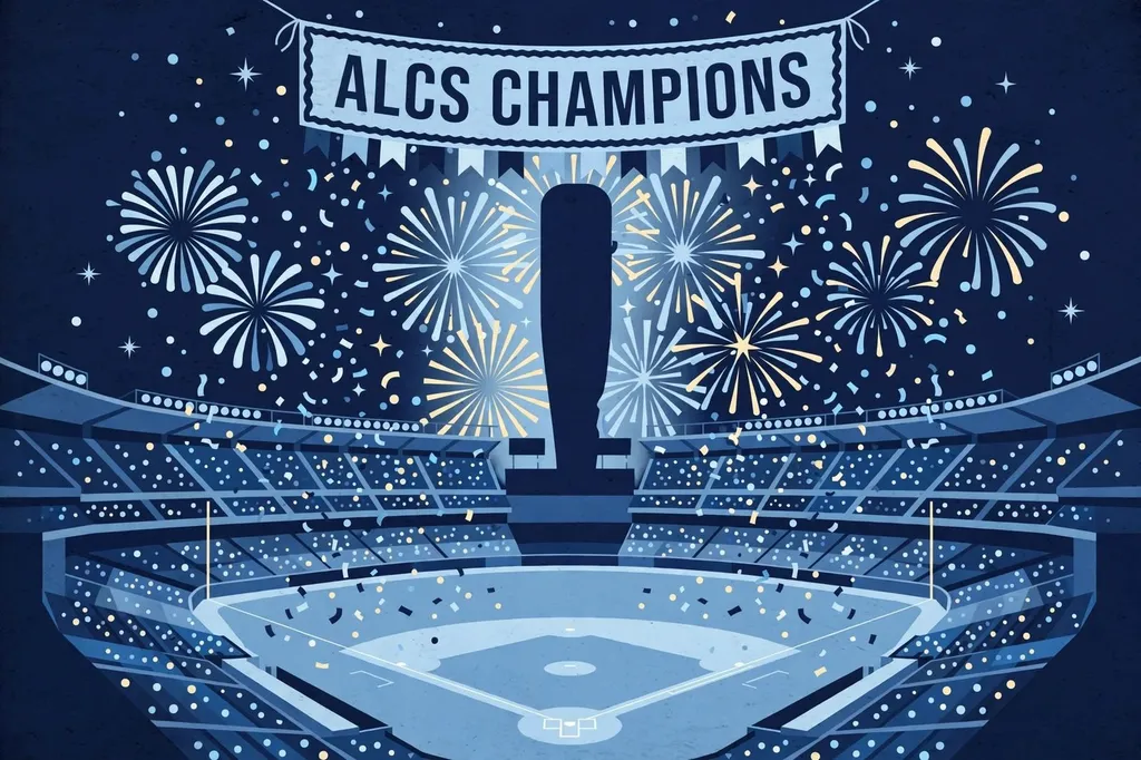 Editorial illustration of a night baseball stadium with an ALCS Champions banner, fireworks and confetti