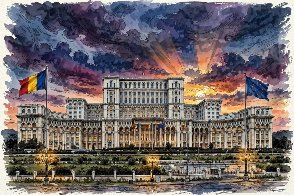 Editorial illustration of Romania's Palace of the Parliament in Bucharest at dusk, Romanian and EU flags flying from the facade under a dramatic sky.