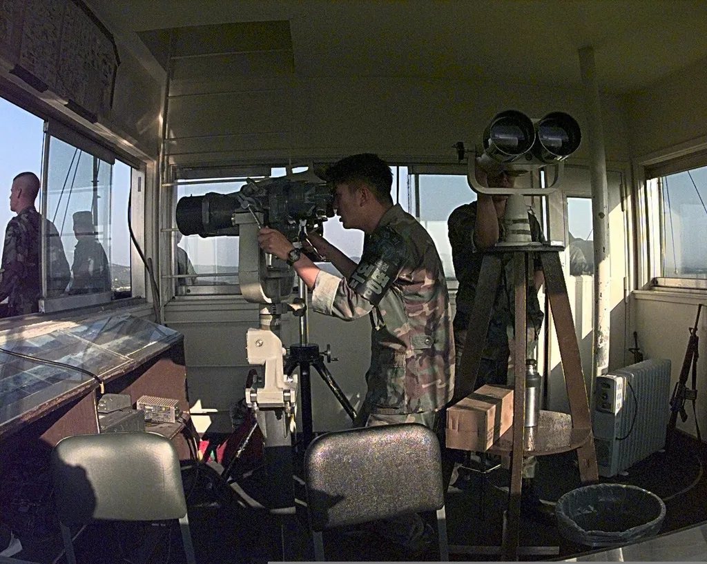 South Korean soldiers stand watch along the Demilitarized Zone separating the two Koreas.