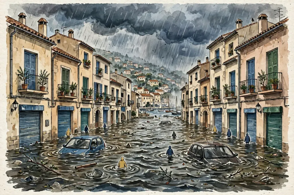 Editorial illustration of a flooded street in a Spanish Mediterranean coastal town, with submerged cars and residents wading past shuttered shops under dark storm clouds.