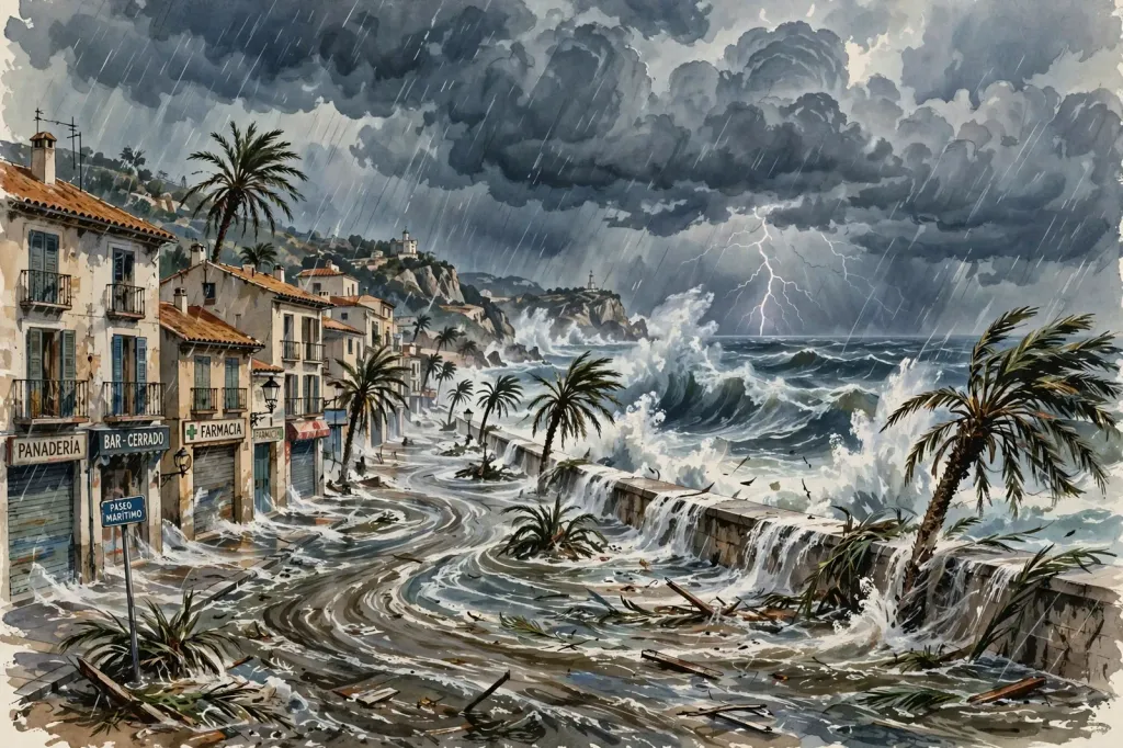 Editorial illustration of a storm-lashed Spanish Mediterranean coastal town — huge waves overtopping a seawall, a flooded promenade with palm trees and shuttered shops under dark rain clouds.