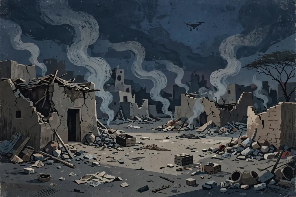 Editorial illustration of a devastated village square at dusk with smoke rising and a drone silhouette overhead