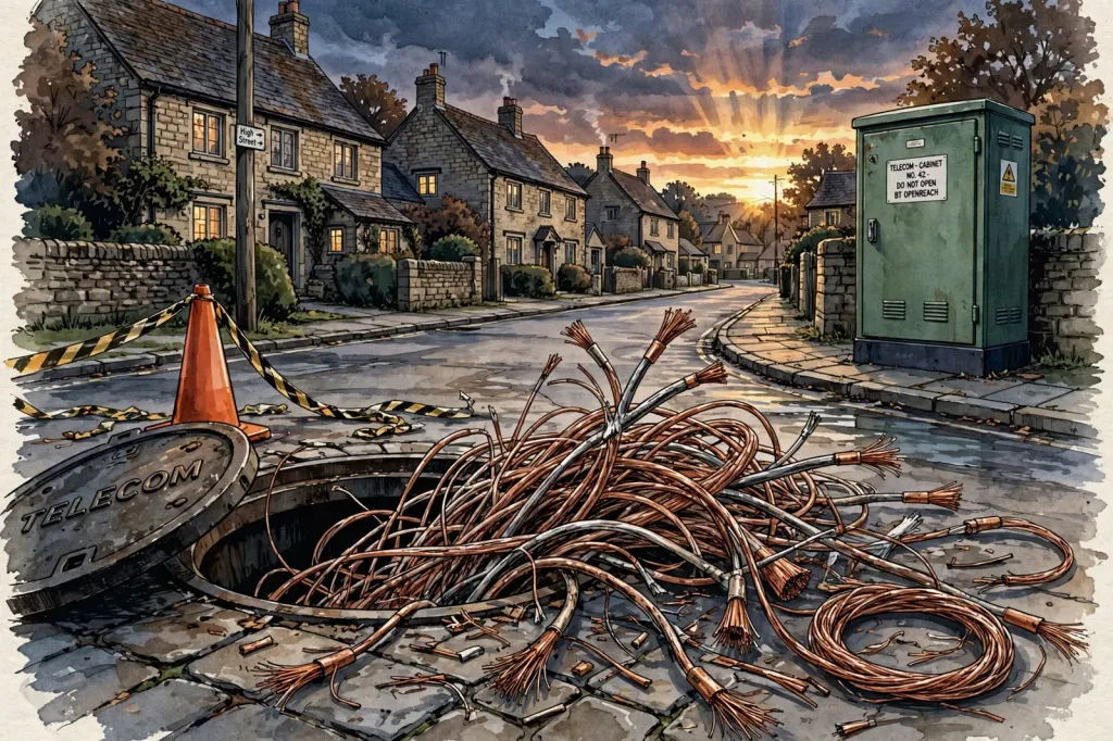 Illustration of severed underground broadband cables being repaired on a residential street in a Yorkshire village