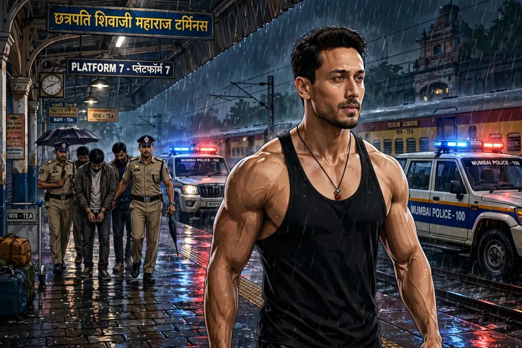 Stylised editorial illustration of Bollywood actor Tiger Shroff on a rain-wet railway platform at night, with Mumbai Police vehicles and officers escorting handcuffed suspects in the background