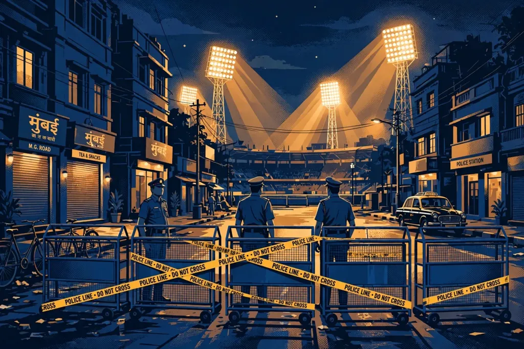 Stylised editorial illustration of a floodlit Mumbai street at night with a police cordon, barricades and uniformed officers standing guard