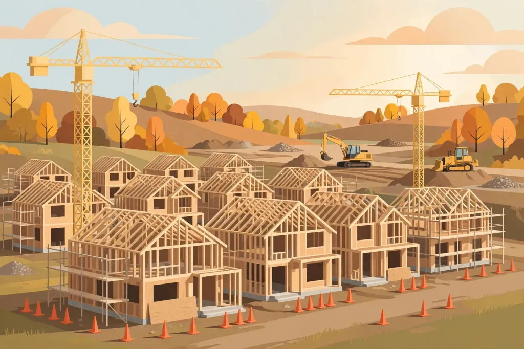 Editorial illustration of wooden-frame houses under construction at a US housing development site
