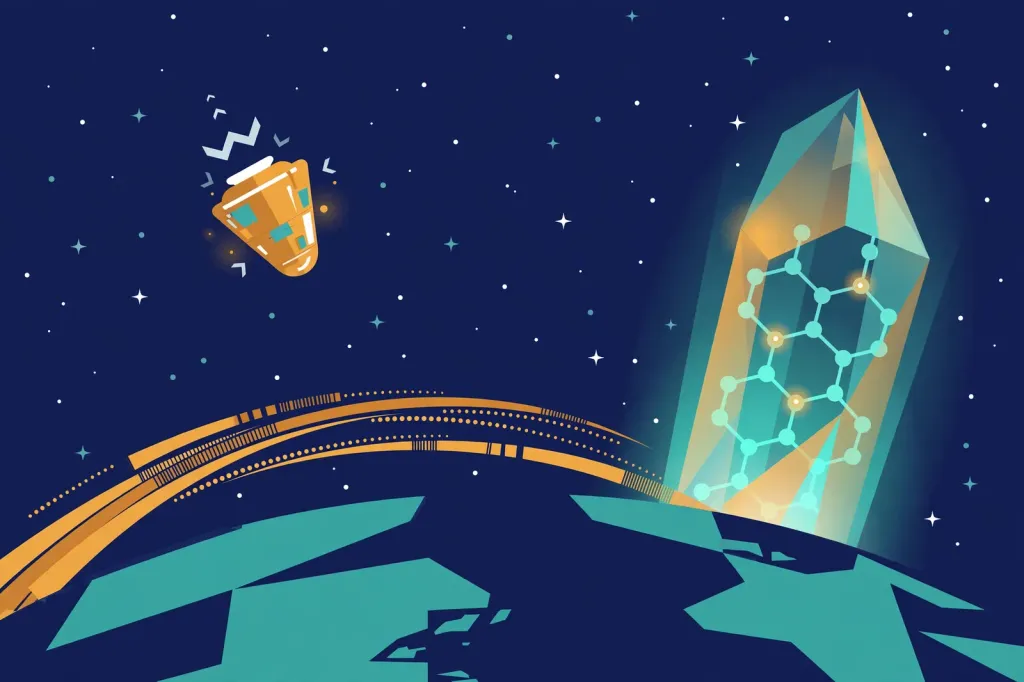 AI-generated editorial illustration of a reentry capsule above Earth beside a glowing crystal with a molecular motif, depicting Varda's W-7 orbital drug-research mission