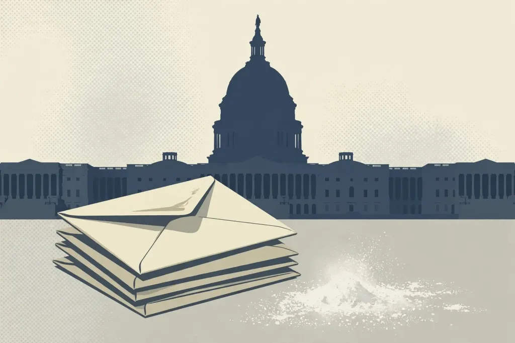 Editorial illustration of envelopes with a puff of white powder in front of the US Capitol dome